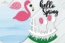 Load image into Gallery viewer, Hello Spring Flamingo SVG Laser Cut Files | Tulip SVG | Floral Spring SVG | Glowforge Files
