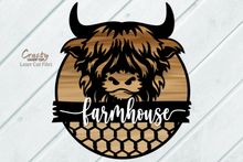 Load image into Gallery viewer, Highland Cow Sign SVG Laser Cut Files - Cow Head Door Hanger - Cow SVG - Farmhouse SVG - Front Door Sign - Glowforge Files
