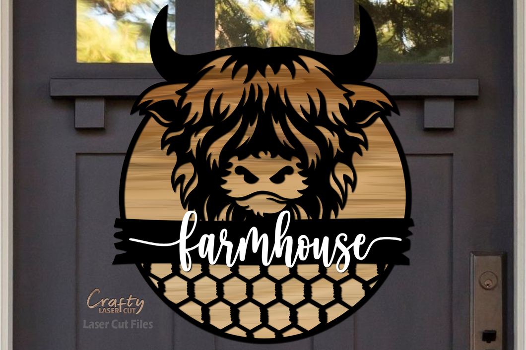 Highland Cow SVG Laser Cut Files - Cow Door Hanger - Cow Head SVG - Farmhouse SVG - Front Door Sign - Glowforge Files - svg files for cricut