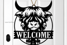 Load image into Gallery viewer, Highland Cow SVG Laser Cut Files - Highland Cow Door Hanger - Cow Welcome Svg - Farmhouse Sign - Front Door Sign - Glowforge Files - Cow Head SVG
