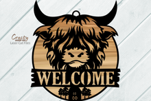 Load image into Gallery viewer, Highland Cow Sign SVG Laser Cut Files - Cow Welcome Sign Svg - Farmhouse Sign - Front Door Sign - Glowforge Files - Cow Head SVG

