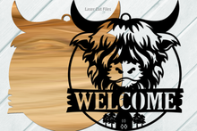 Load image into Gallery viewer, Layered Highland Cow SVG Laser Cut Files - Cow Door Hanger - Welcome Sign Svg - Farmhouse Sign - Front Door Sign - Glowforge Files - Cow Head SVG
