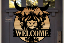 Load image into Gallery viewer, Highland Cow SVG Laser Cut Files - Cow Door Hanger - Welcome Sign Svg - Farmhouse Sign - Front Door Sign - Glowforge Files - Cow Head SVG - svg files for cricut
