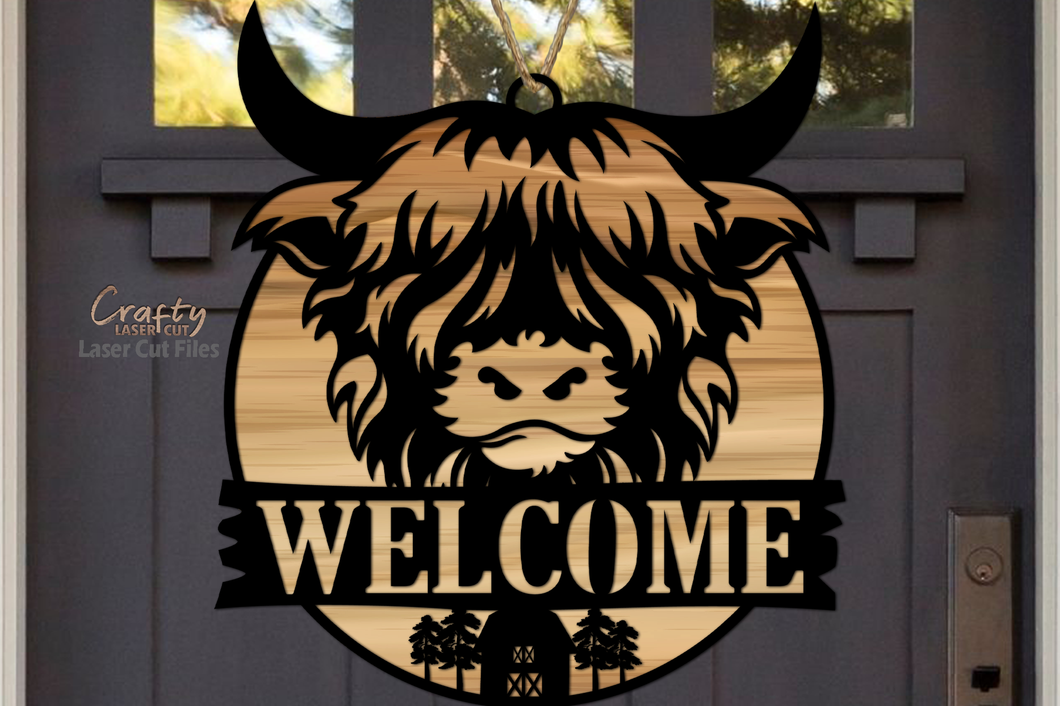 Highland Cow SVG Laser Cut Files - Cow Door Hanger - Welcome Sign Svg - Farmhouse Sign - Front Door Sign - Glowforge Files - Cow Head SVG - svg files for cricut