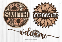 Load image into Gallery viewer, Monogram Welcome Sunflower Sign SVG Glowforge Laser Cut Files Bundle
