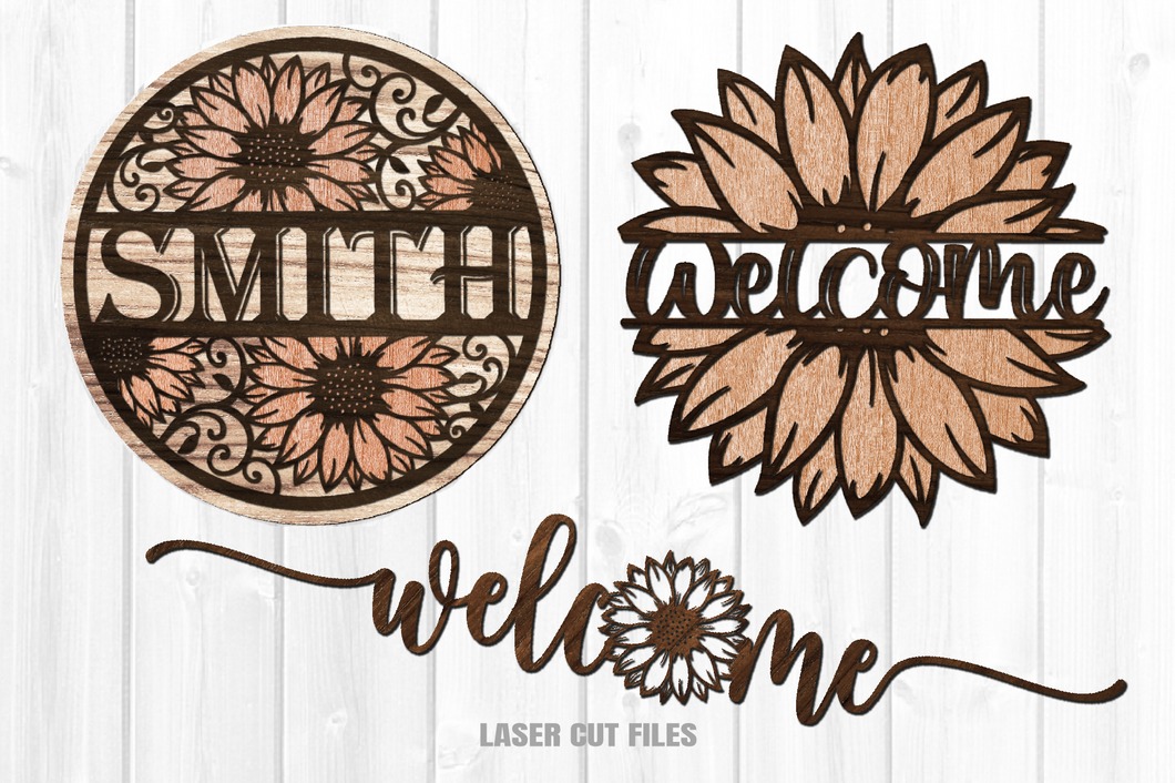 Monogram Welcome Sunflower Sign SVG Glowforge Laser Cut Files Bundle