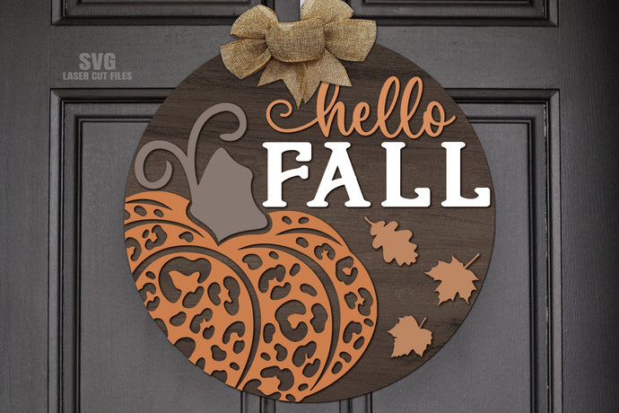 Hello Fall SVG Laser Cut Files | Pumpkin SVG | Pumpkin Sign SVG | Leopard Print SVG